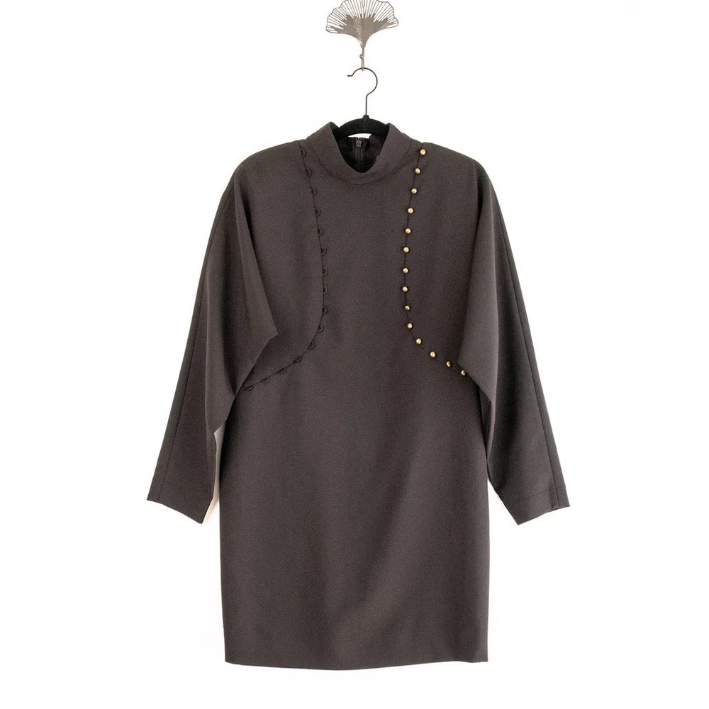 Nicole Miller Black Puff Sleeve Button Dress Mock Neck Women's $395 - Size 10 - Picture 4 of 14